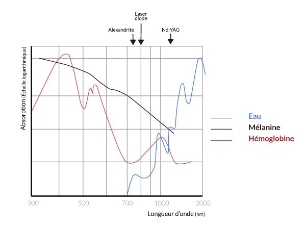 illustration de l'action des différents types de laser sur les principaux chromophores de la peau